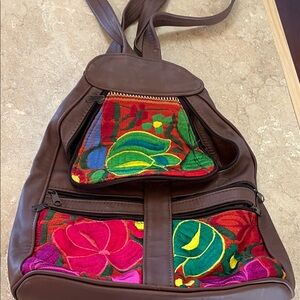 Brown Leather Backpack with Colorful Embroidery